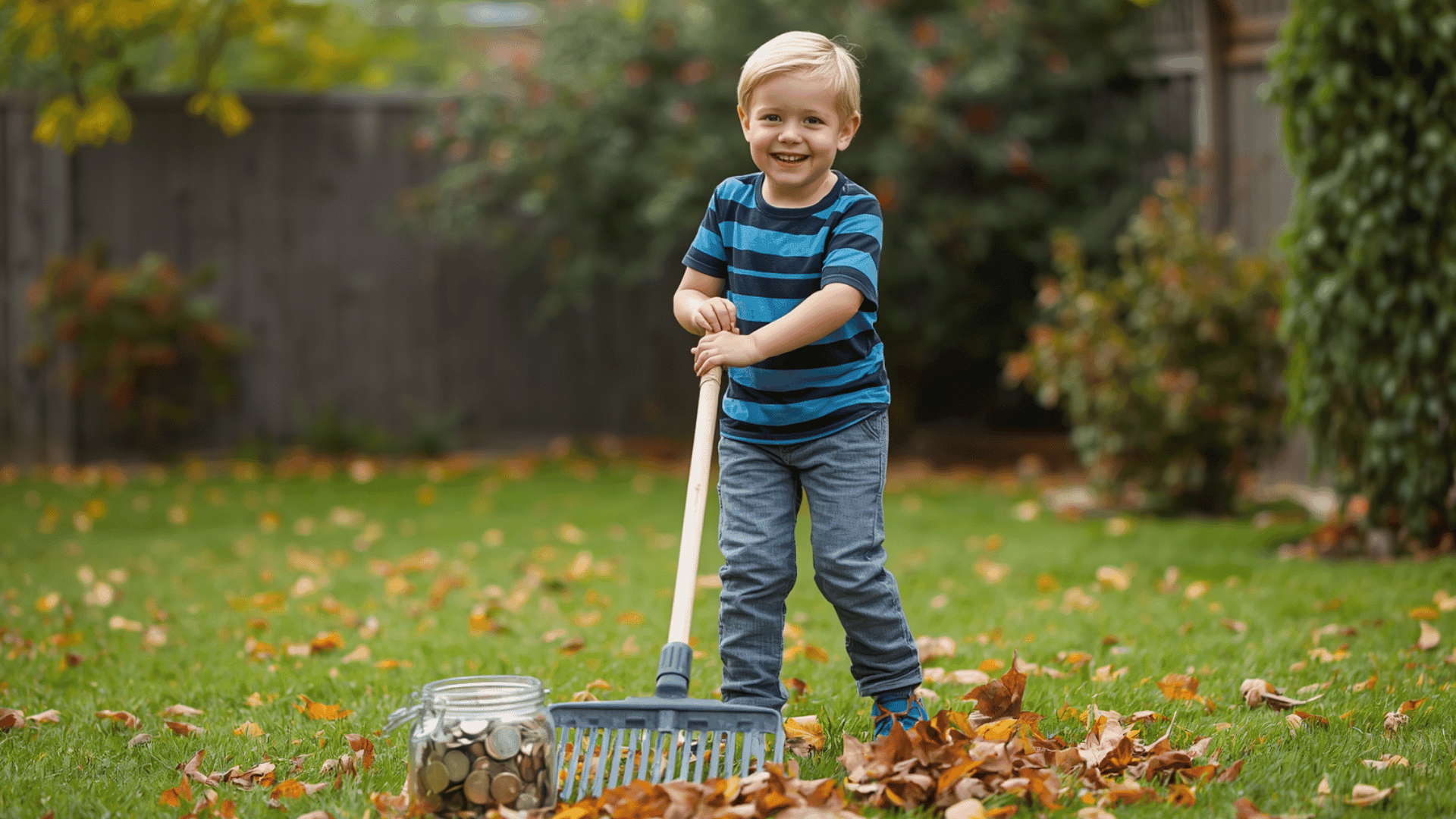  Image Suggestion: A cheerful kid raking leaves in a backyard with a jar of coins nearby. 